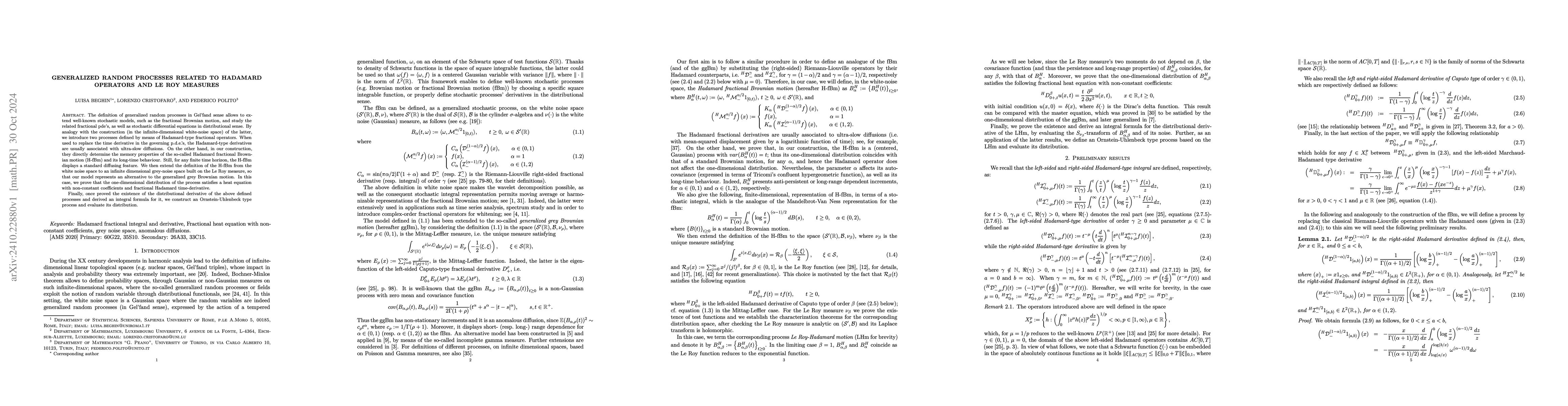 Thumbnail for Generalized random processes related to Hadamard operators and Le~Roy
  measures