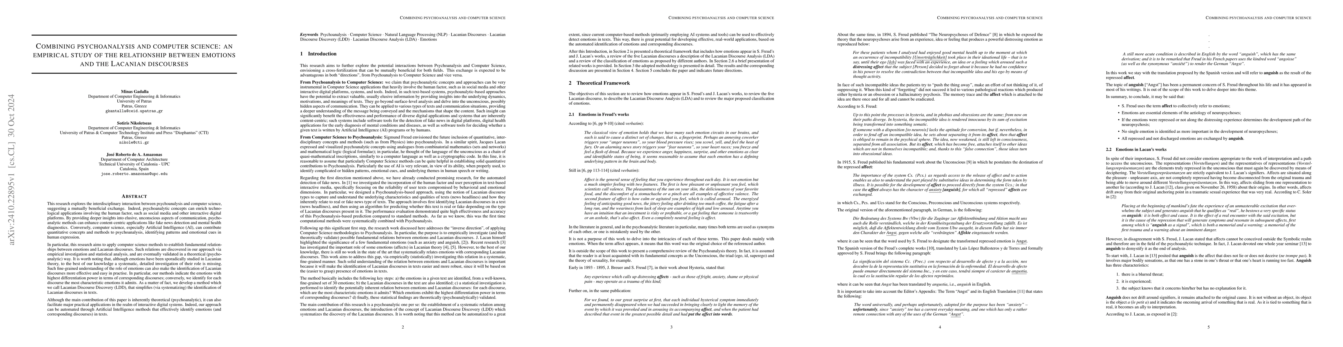 Thumbnail for Combining psychoanalysis and computer science: an empirical study of the
  relationship between emotions and the Lacanian discourses