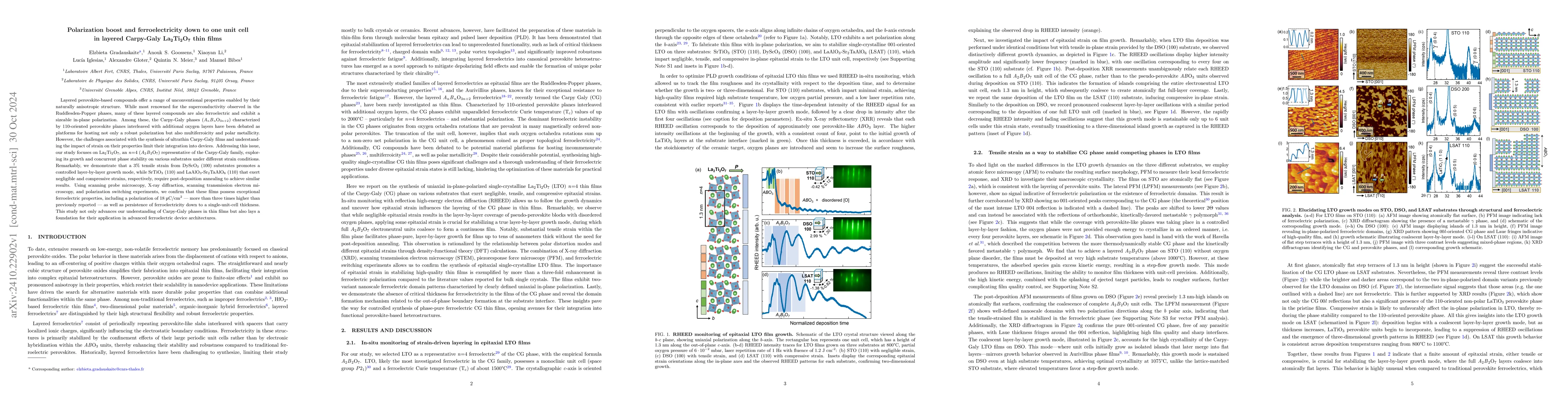 Thumbnail for Polarization boost and ferroelectricity down to one unit cell in layered
  Carpy-Galy La$_{2}$Ti$_{2}$O$_{7}$ thin films