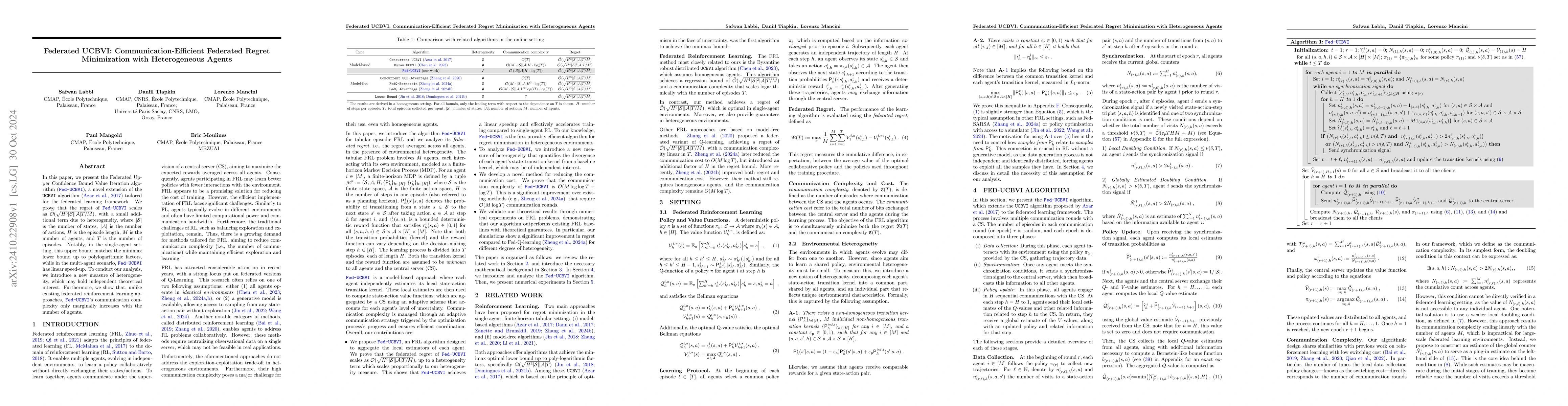 Thumbnail for Federated UCBVI: Communication-Efficient Federated Regret Minimization
  with Heterogeneous Agents
