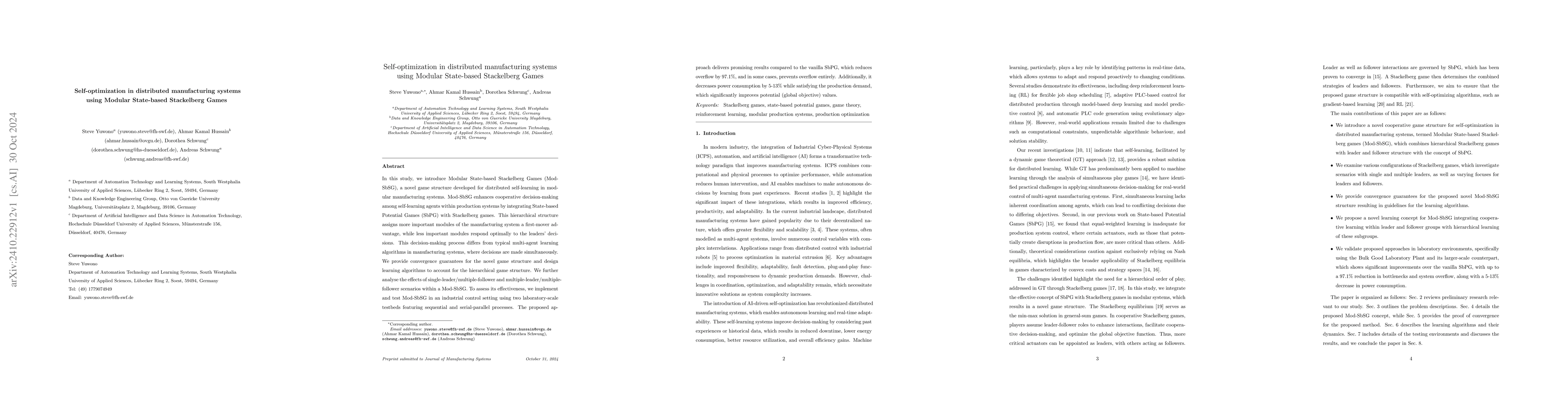 Thumbnail for Self-optimization in distributed manufacturing systems using Modular
  State-based Stackelberg Games