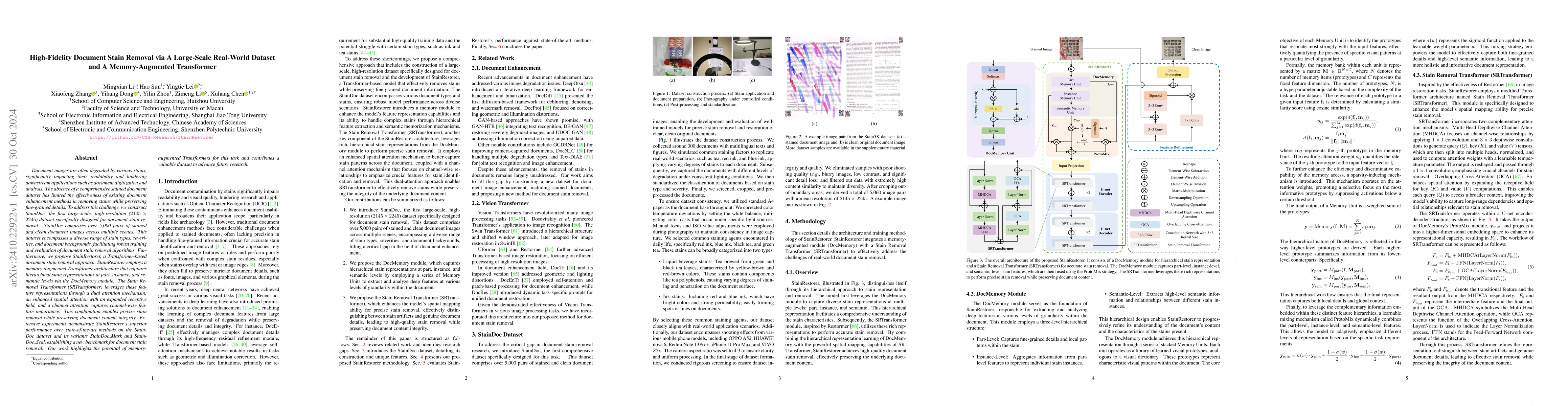 Thumbnail for High-Fidelity Document Stain Removal via A Large-Scale Real-World
  Dataset and A Memory-Augmented Transformer