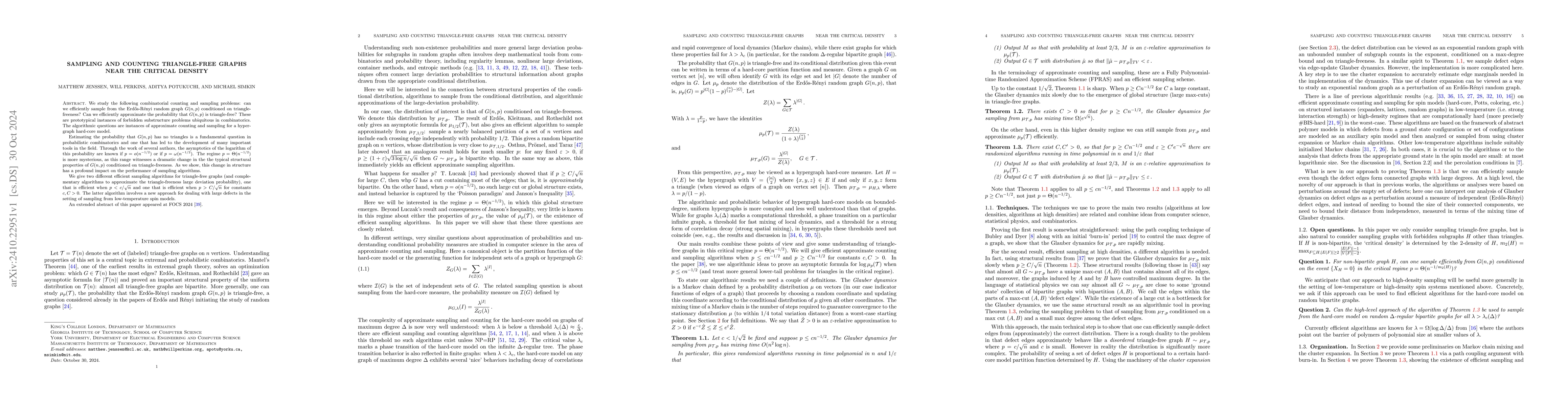 Thumbnail for Sampling and counting triangle-free graphs near the critical density