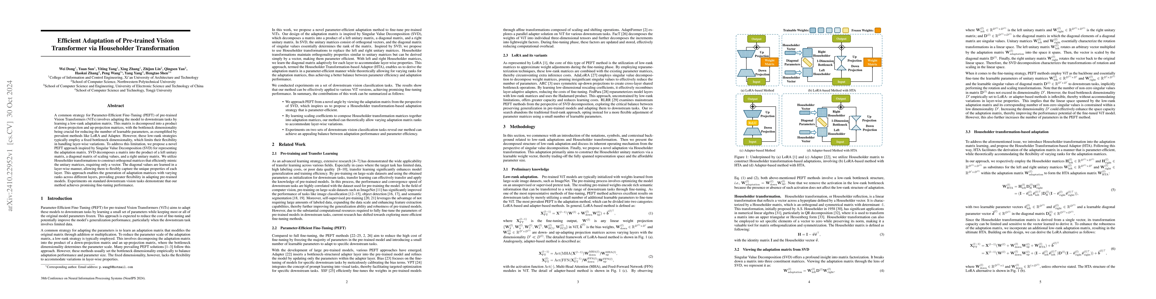 Thumbnail for Efficient Adaptation of Pre-trained Vision Transformer via Householder
  Transformation