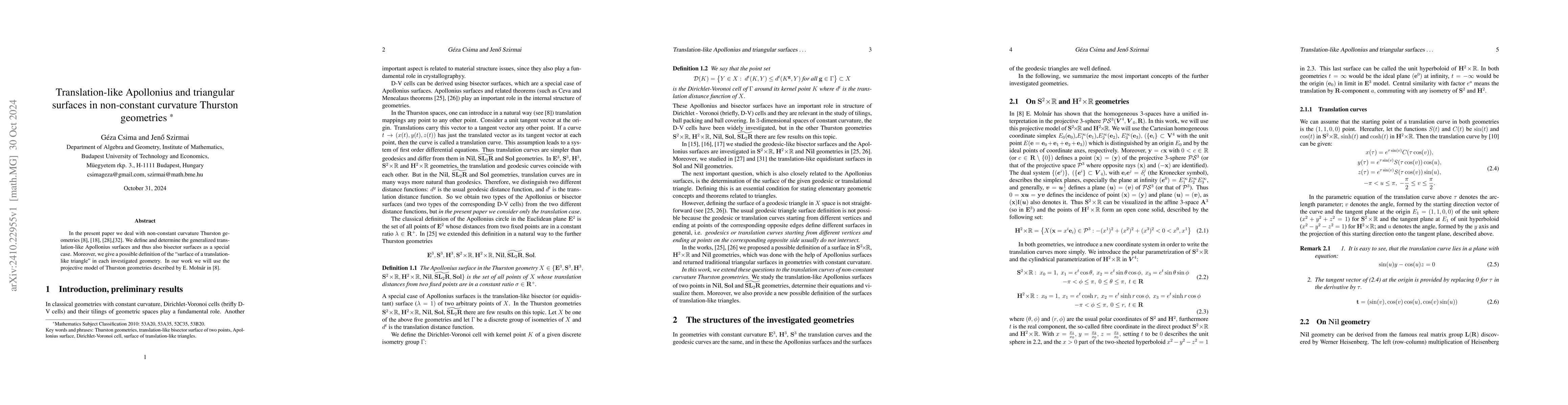 Thumbnail for Translation-like Apollonius and triangular surfaces in non-constant
  curvature Thurston geometries