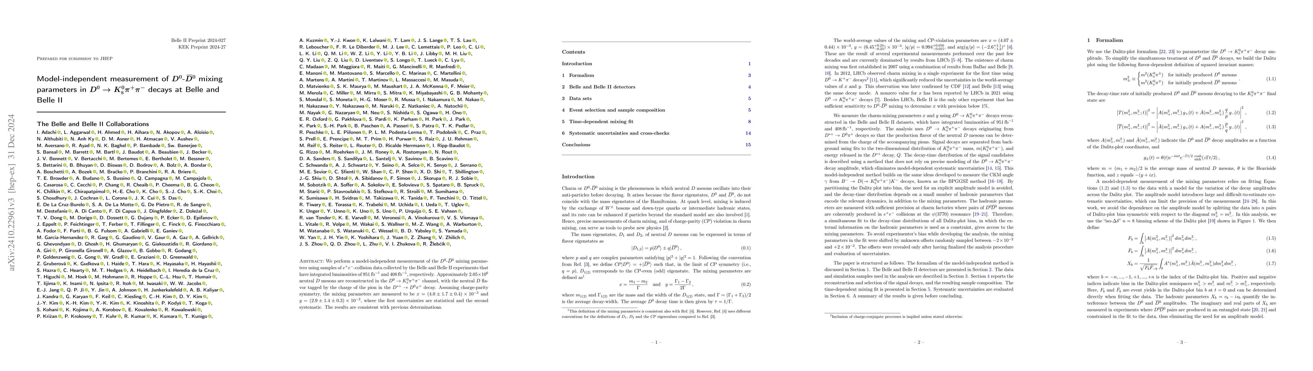 Thumbnail for Model-independent measurement of $D^0$-$\overline{D}{}^0$ mixing
  parameters in $D^0\rightarrow K^0_{S}π^+π^-$ decays at Belle and Belle II