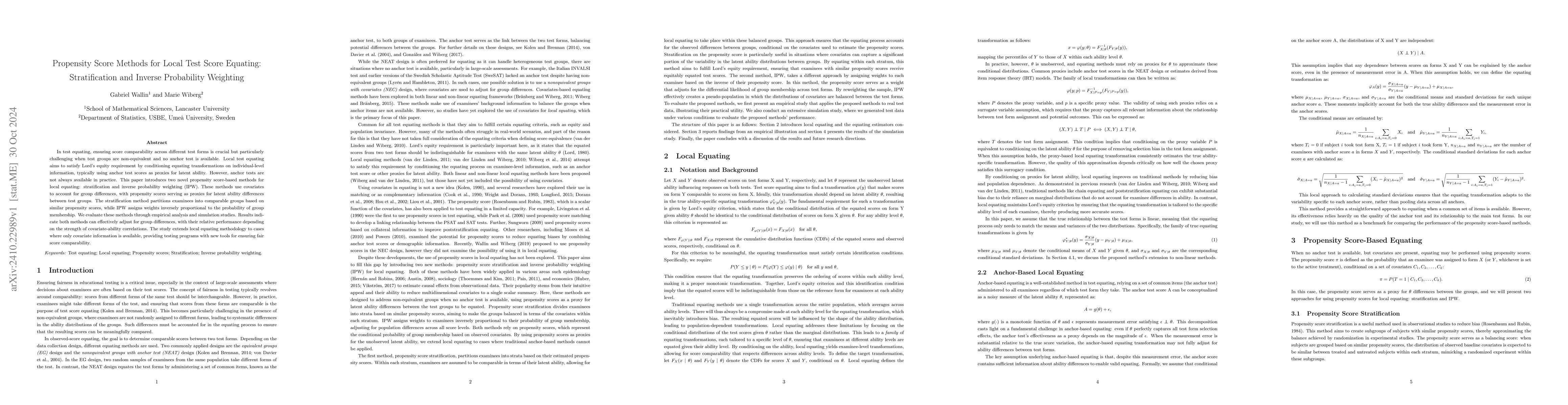 Thumbnail for Propensity Score Methods for Local Test Score Equating: Stratification
  and Inverse Probability Weighting
