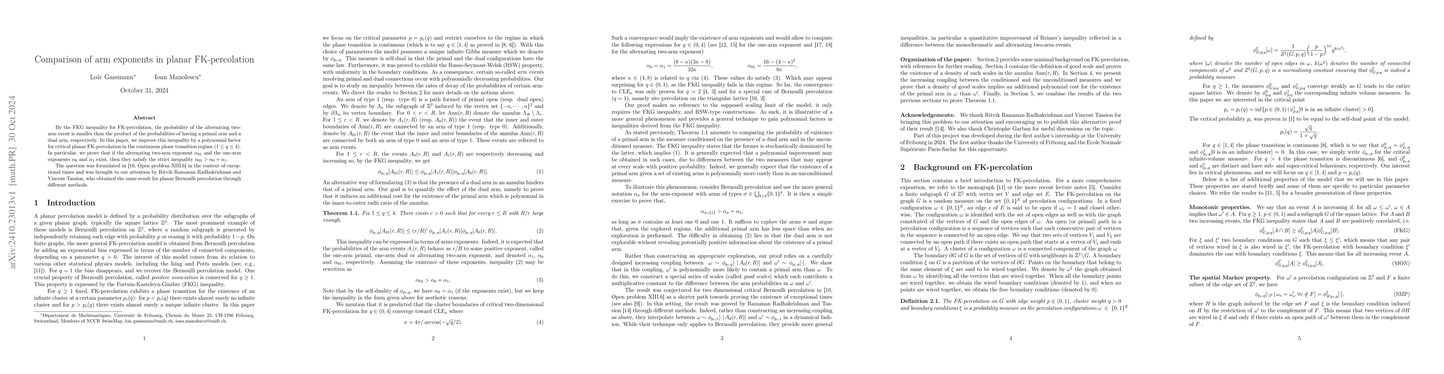 Thumbnail for Comparison of arm exponents in planar FK-percolation