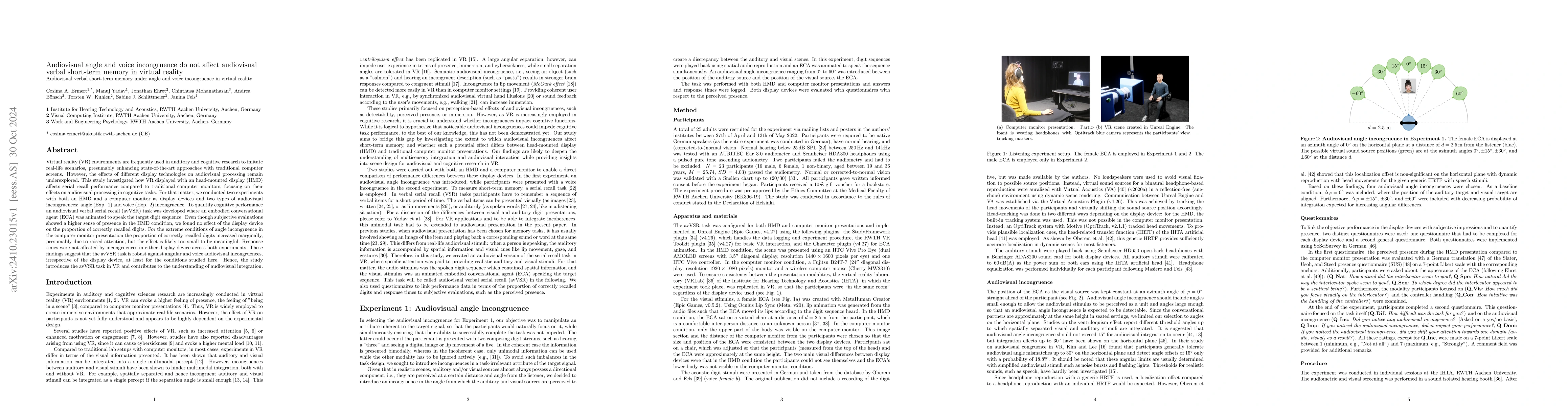 Thumbnail for Audiovisual angle and voice incongruence do not affect audiovisual
  verbal short-term memory in virtual reality