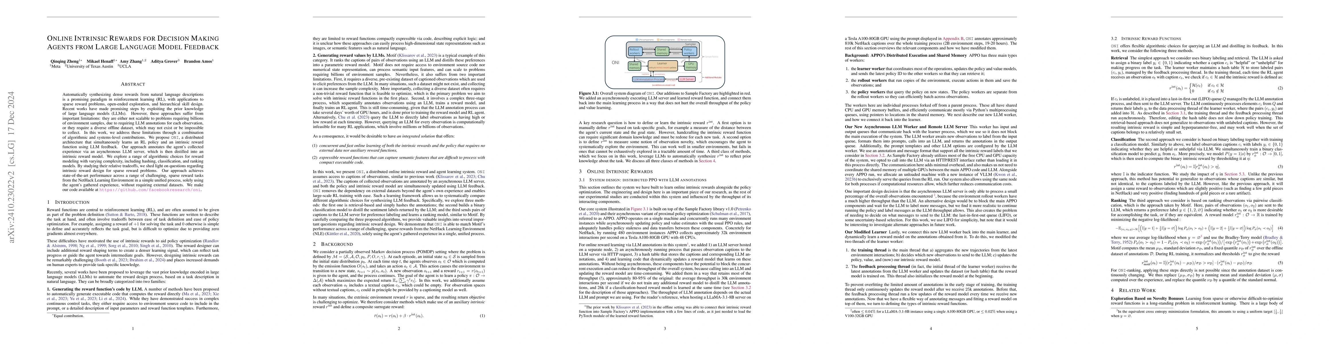 Thumbnail for Online Intrinsic Rewards for Decision Making Agents from Large Language
  Model Feedback