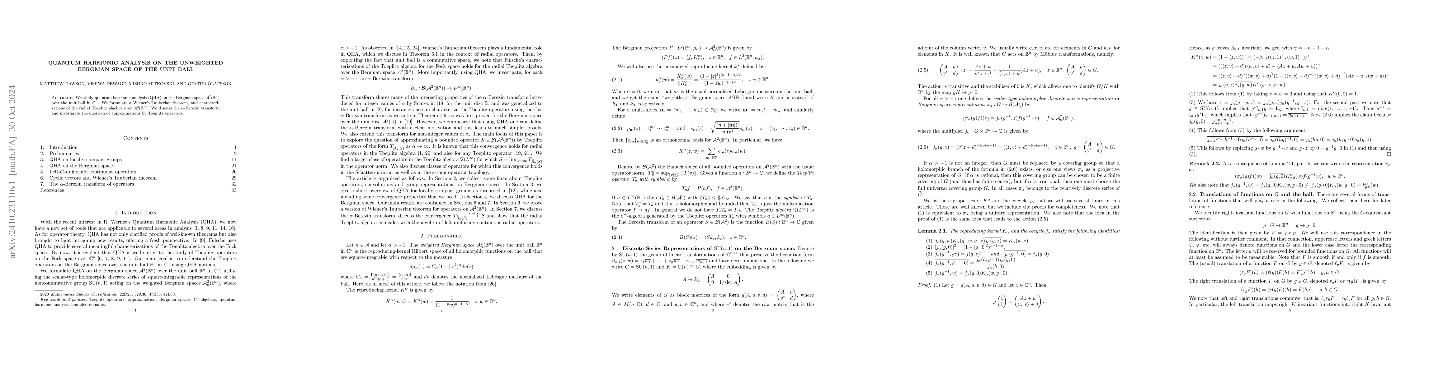Thumbnail for Quantum Harmonic Analysis on the Unweighted Bergman Space of the Unit
  Ball