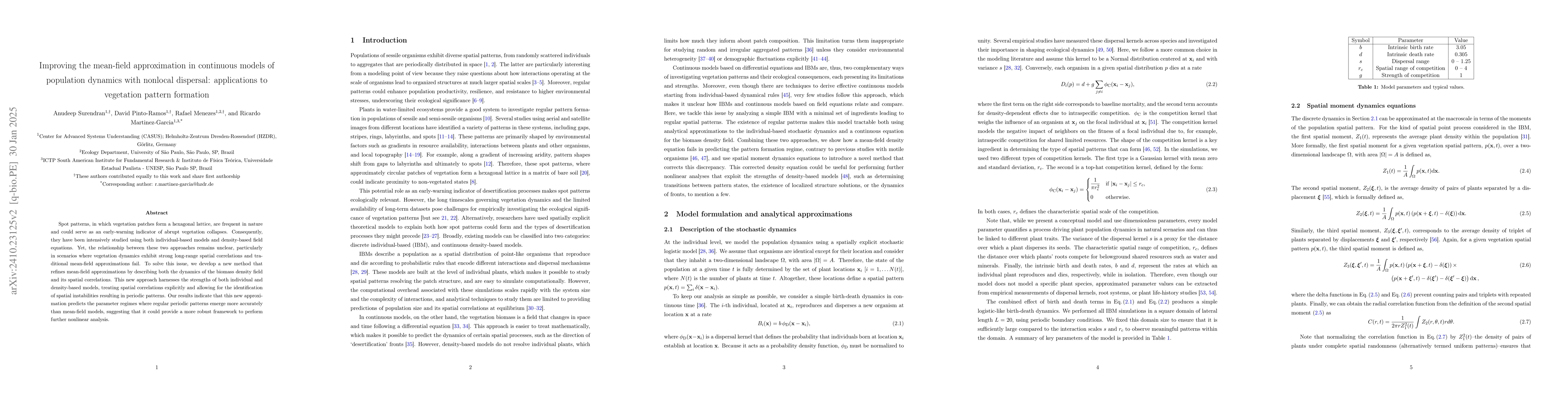 Thumbnail for Improving the mean-field approximation in continuous models of
  population dynamics with nonlocal dispersal: applications to vegetation
  pattern formation