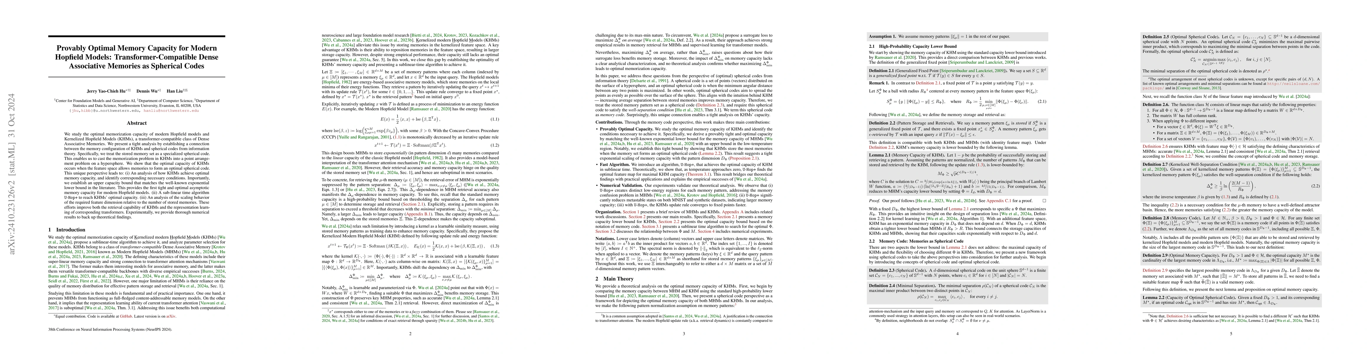 Thumbnail for Provably Optimal Memory Capacity for Modern Hopfield Models:
  Transformer-Compatible Dense Associative Memories as Spherical Codes