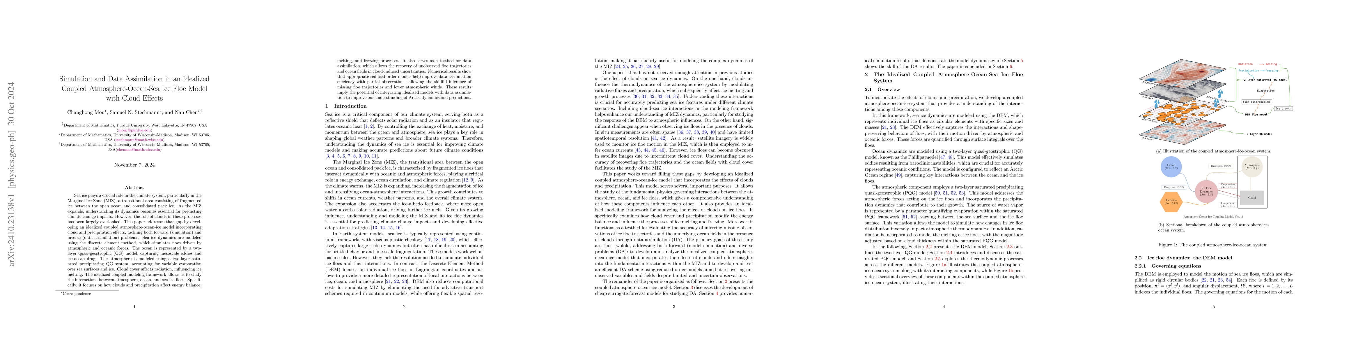 Thumbnail for Simulation and Data Assimilation in an Idealized Coupled
  Atmosphere-Ocean-Sea Ice Floe Model with Cloud Effects