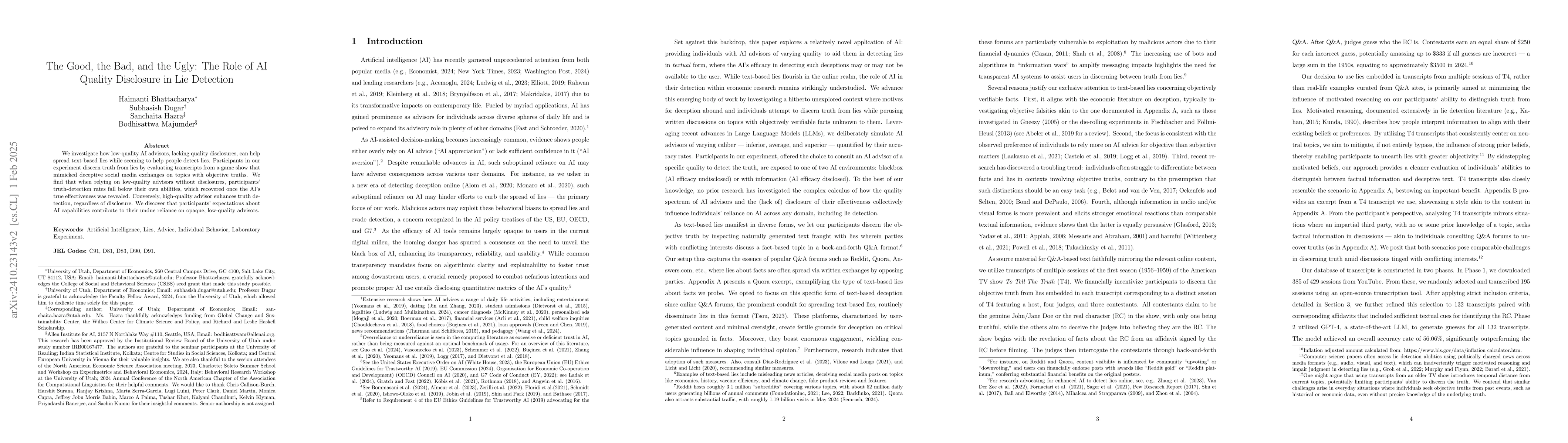 Thumbnail for The Good, the Bad, and the Ugly: The Role of AI Quality Disclosure in
  Lie Detection