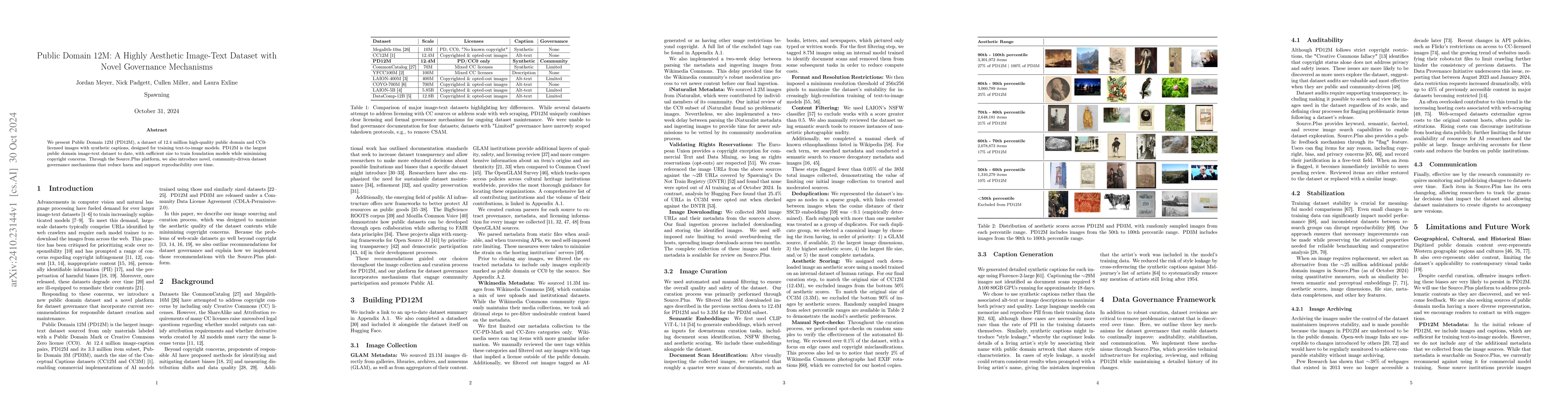 Thumbnail for Public Domain 12M: A Highly Aesthetic Image-Text Dataset with Novel
  Governance Mechanisms