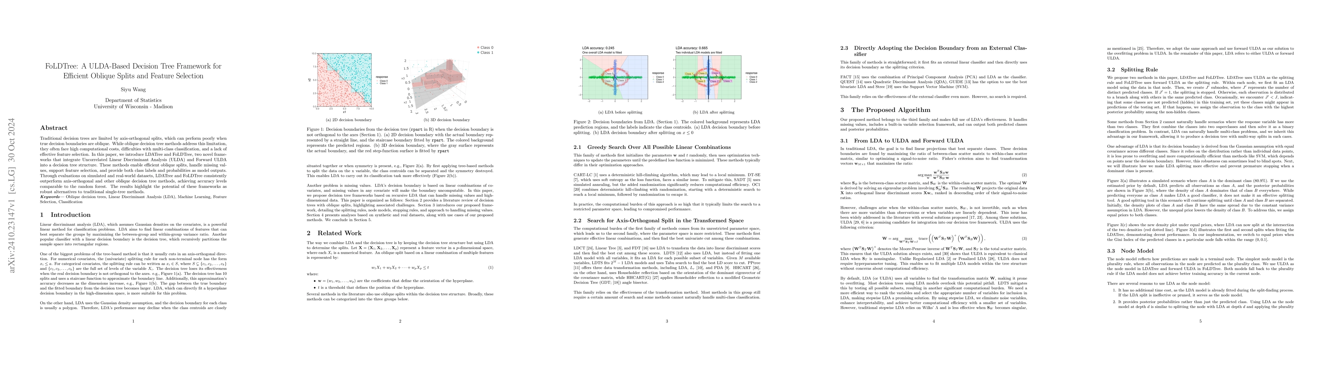 Thumbnail for FoLDTree: A ULDA-Based Decision Tree Framework for Efficient Oblique
  Splits and Feature Selection