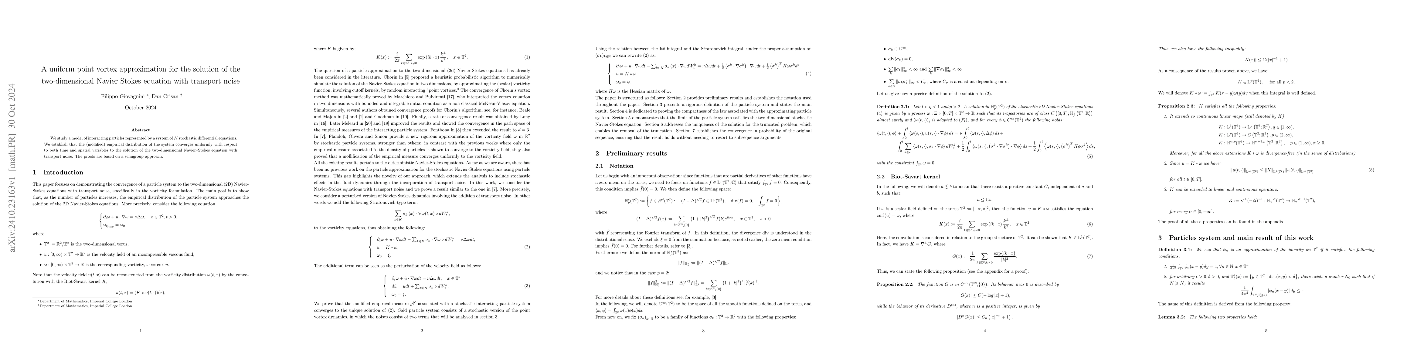 Thumbnail for A uniform point vortex approximation for the solution of the
  two-dimensional Navier Stokes equation with transport noise