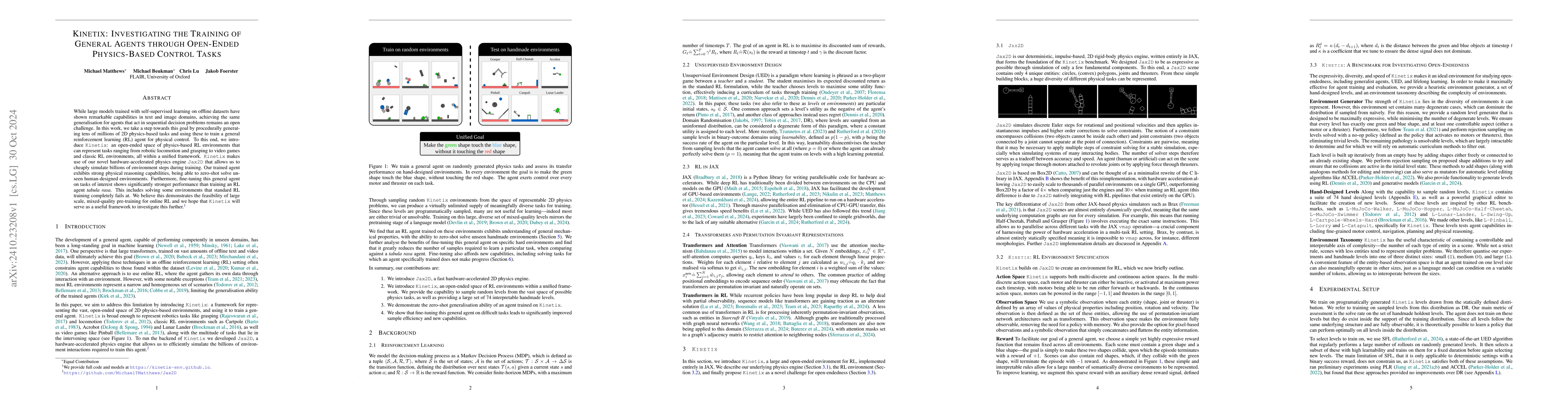 Thumbnail for Kinetix: Investigating the Training of General Agents through Open-Ended
  Physics-Based Control Tasks