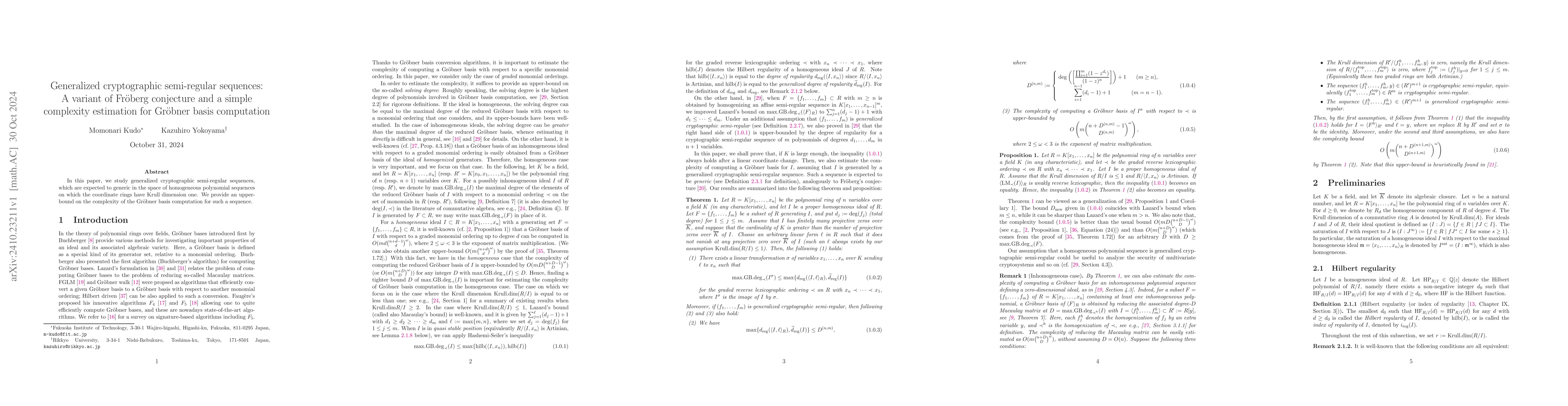 Thumbnail for Generalized cryptographic semi-regular sequences: A variant of
  Fröberg conjecture and a simple complexity estimation for Gröbner
  basis computation