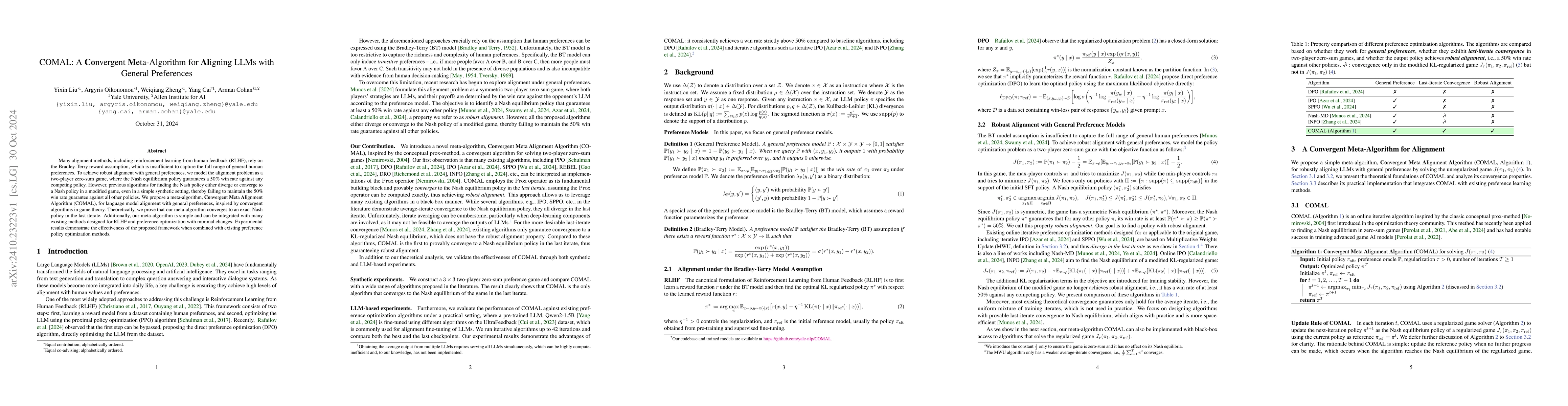 Thumbnail for COMAL: A Convergent Meta-Algorithm for Aligning LLMs with General
  Preferences