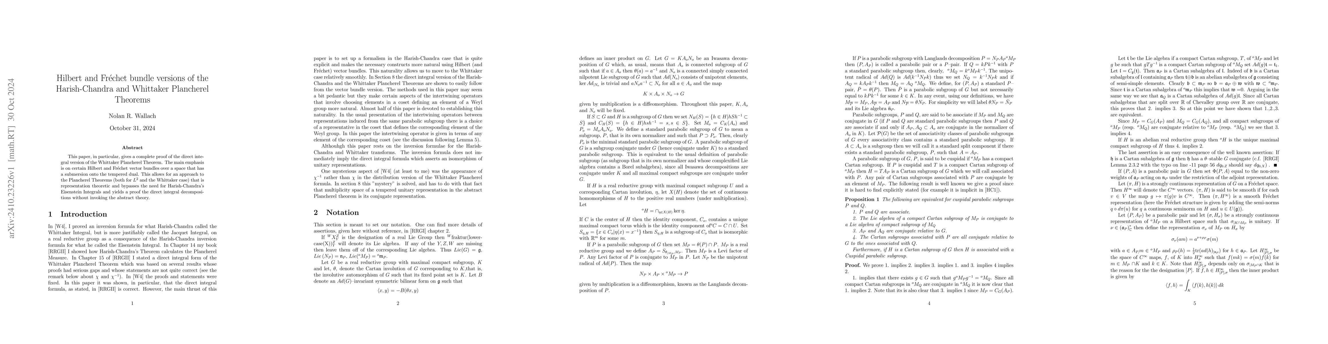 Thumbnail for Hilbert and Fréchet bundle versions of the Harish-Chandra and
  Whittaker Plancherel Theorems