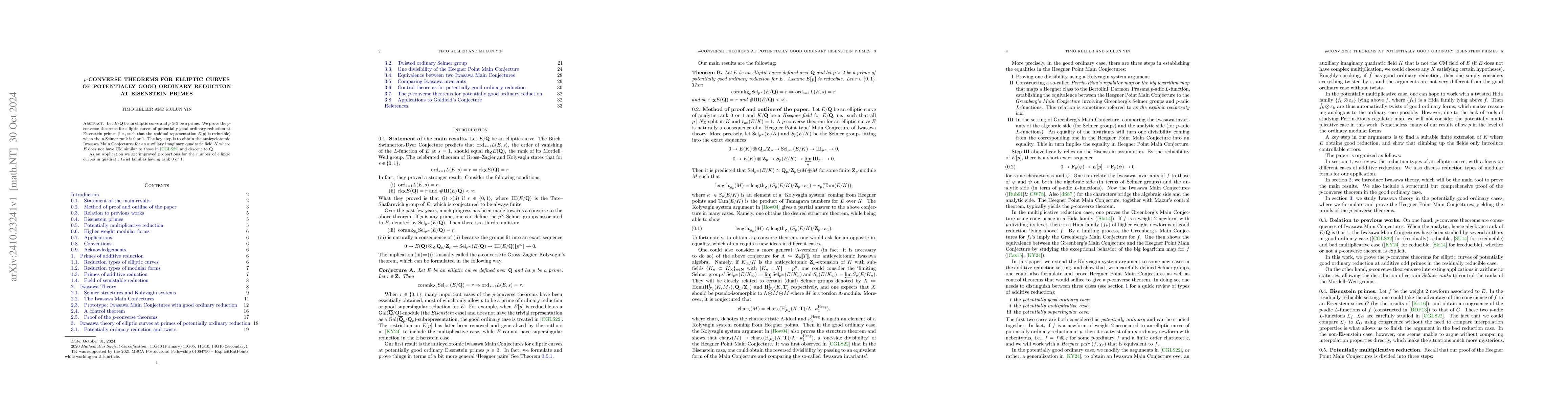 Thumbnail for $p$-converse theorems for elliptic curves of potentially good ordinary
  reduction at Eisenstein primes