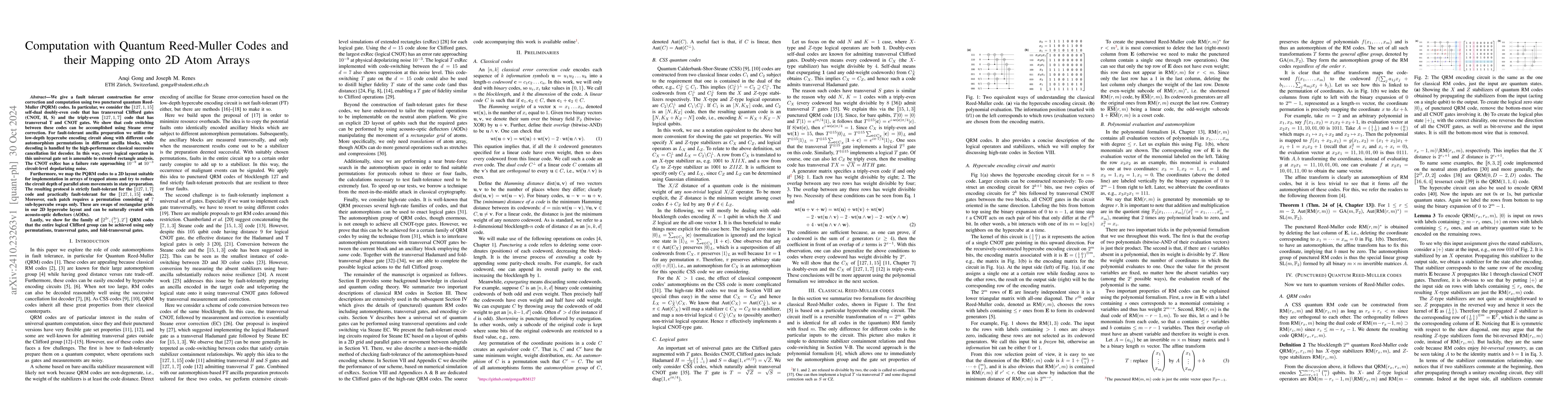 Thumbnail for Computation with quantum Reed-Muller codes and their mapping onto 2D
  atom arrays