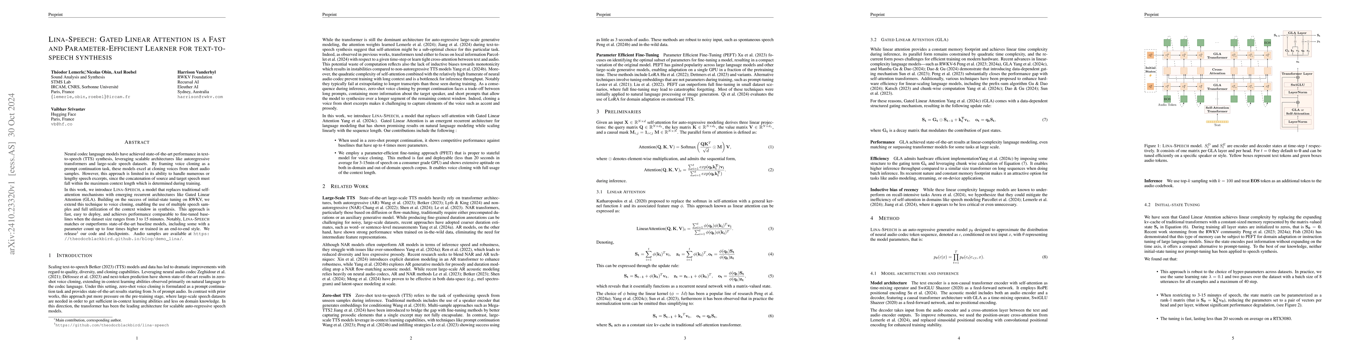 Thumbnail for Lina-Speech: Gated Linear Attention is a Fast and Parameter-Efficient
  Learner for text-to-speech synthesis