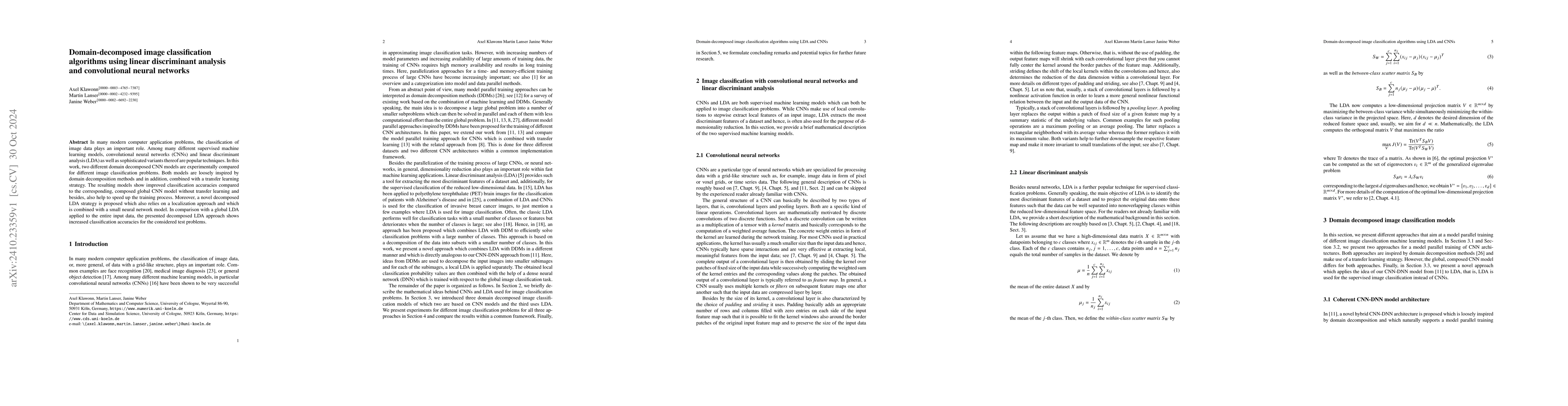 Thumbnail for Domain-decomposed image classification algorithms using linear
  discriminant analysis and convolutional neural networks