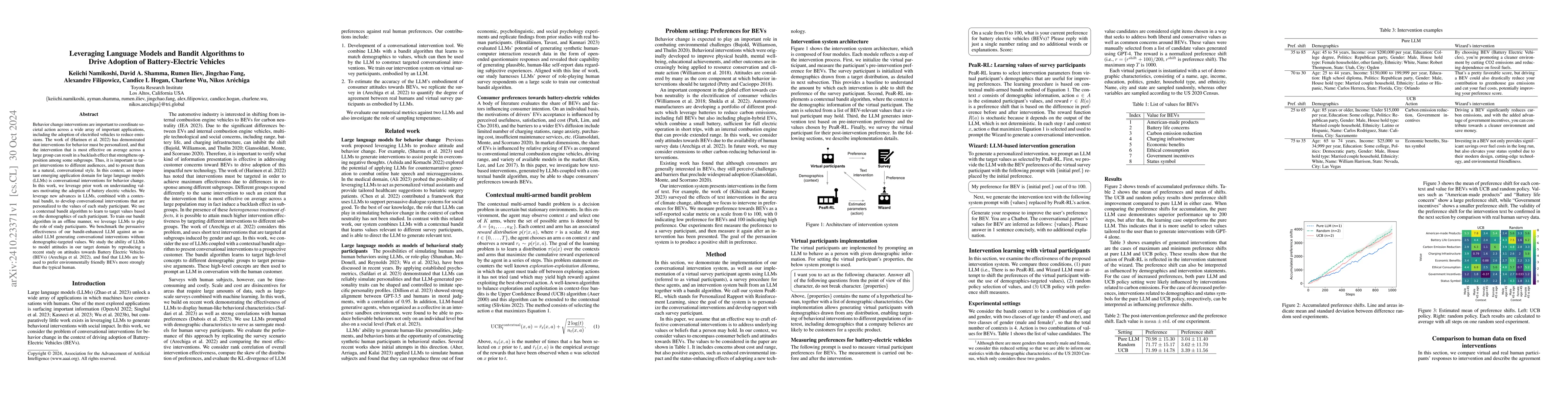 Thumbnail for Leveraging Language Models and Bandit Algorithms to Drive Adoption of
  Battery-Electric Vehicles