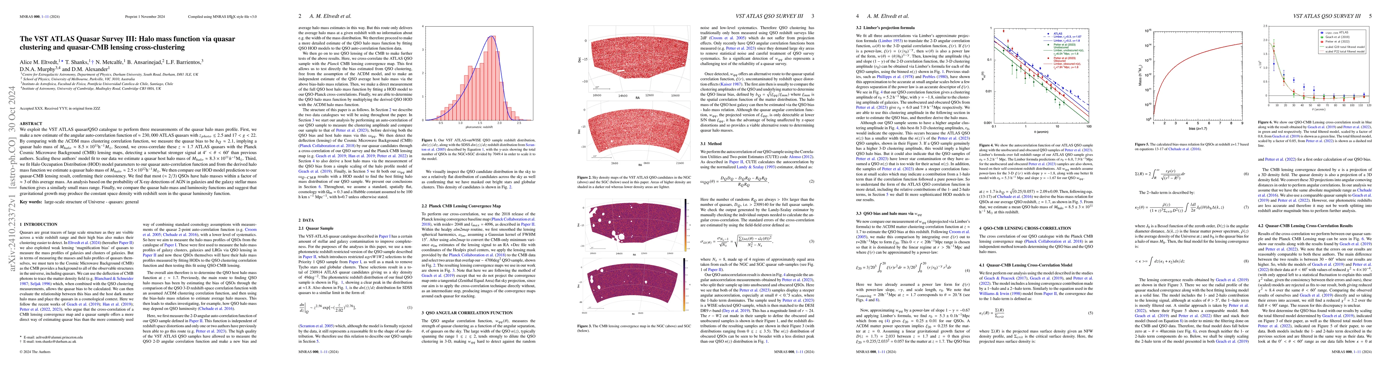 Thumbnail for The VST ATLAS Quasar Survey III: Halo mass function via quasar
  clustering and quasar-CMB lensing cross-clustering