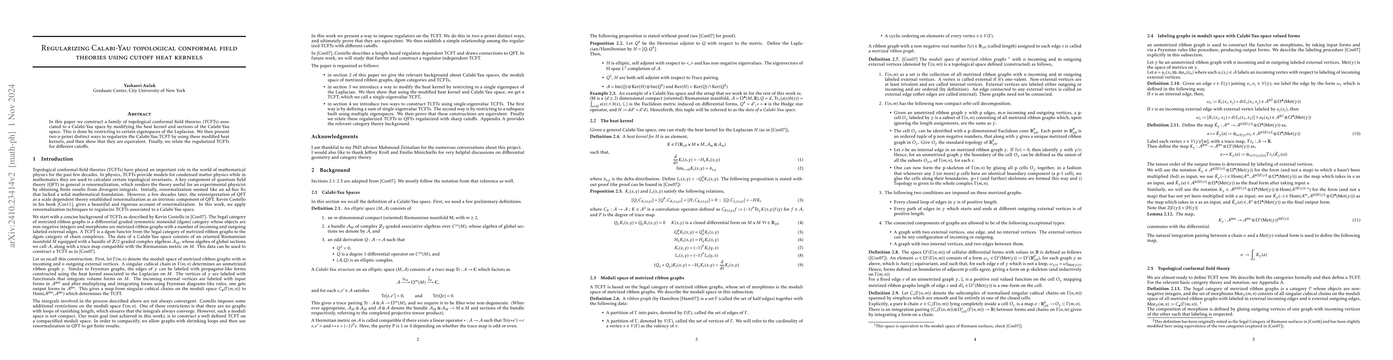 Thumbnail for Regularizing Calabi-Yau topological conformal field theories using
  cutoff heat kernels