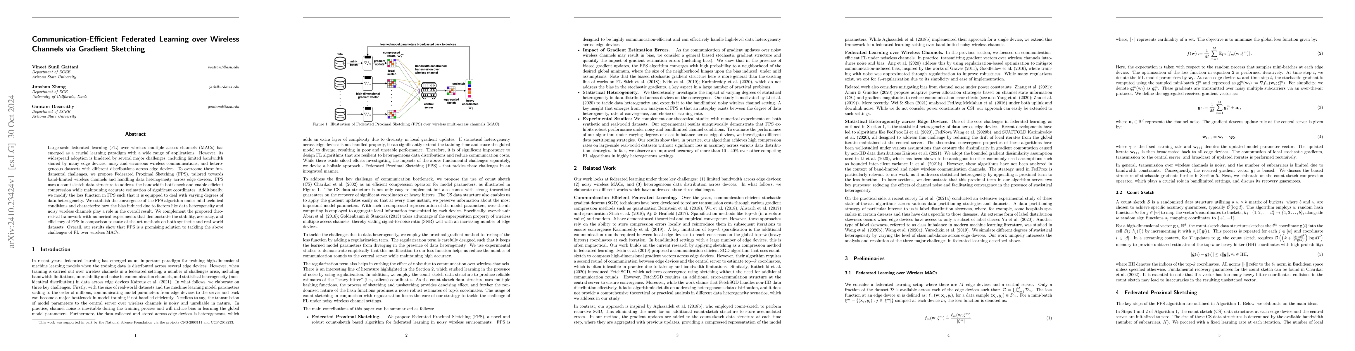 Thumbnail for Communication-Efficient Federated Learning over Wireless Channels via
  Gradient Sketching