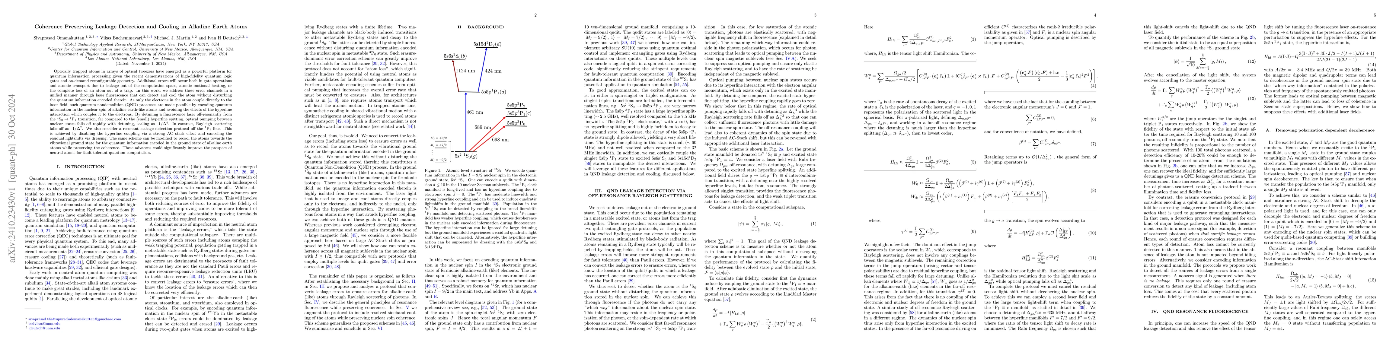 Thumbnail for Coherence Preserving Leakage Detection and Cooling in Alkaline Earth
  Atoms