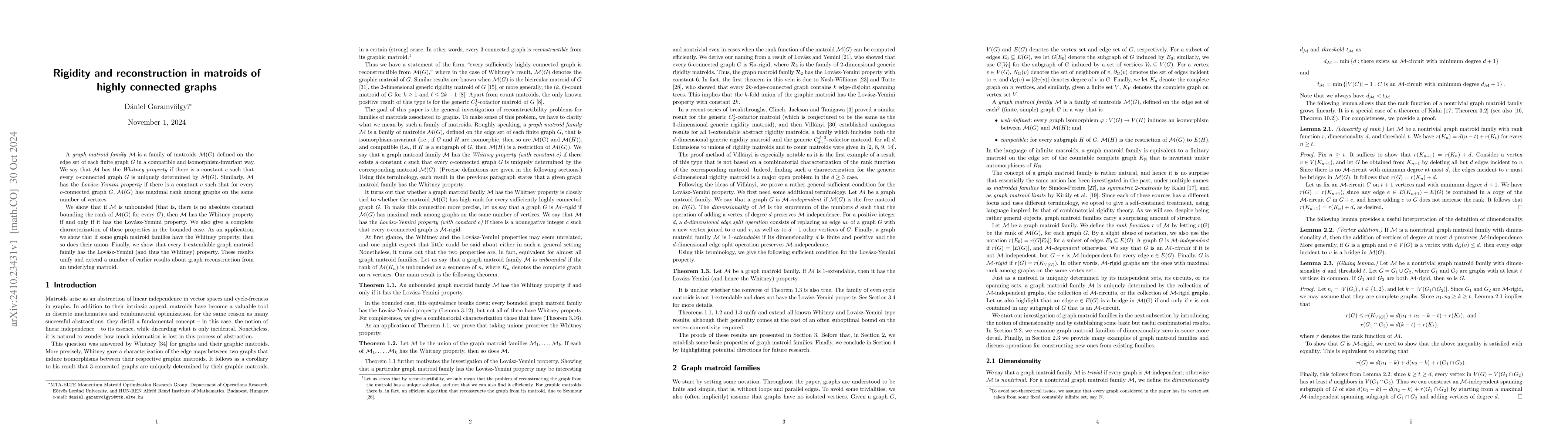 Thumbnail for Rigidity and reconstruction in matroids of highly connected graphs