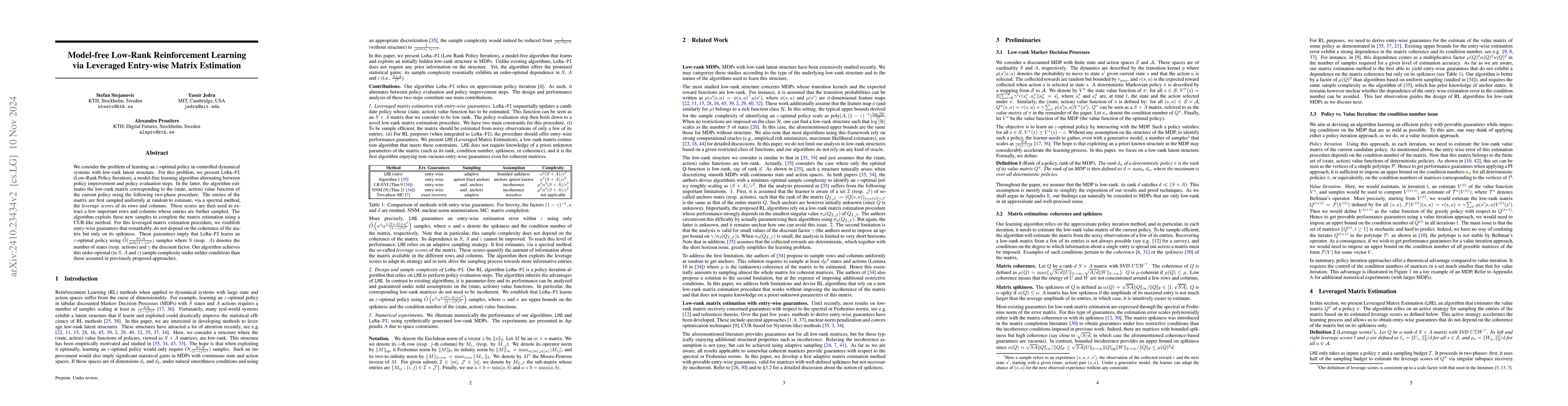 Thumbnail for Model-free Low-Rank Reinforcement Learning via Leveraged Entry-wise
  Matrix Estimation