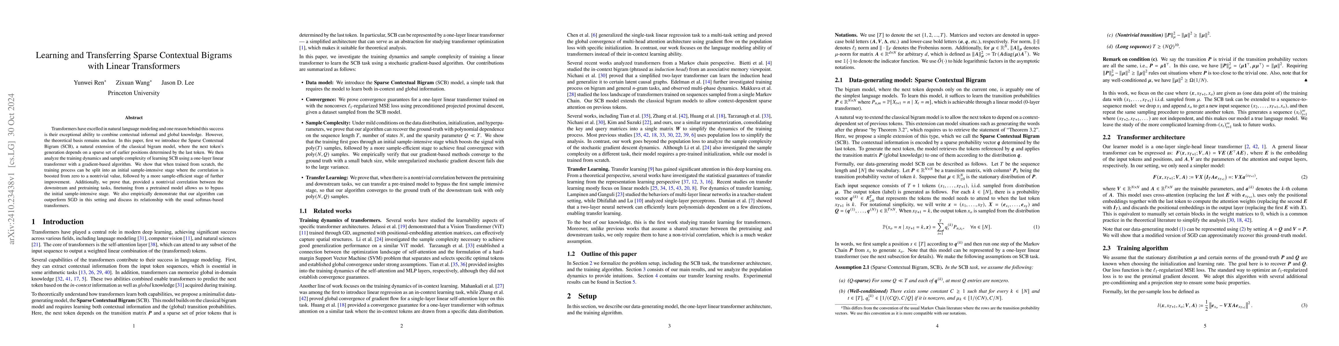Thumbnail for Learning and Transferring Sparse Contextual Bigrams with Linear
  Transformers