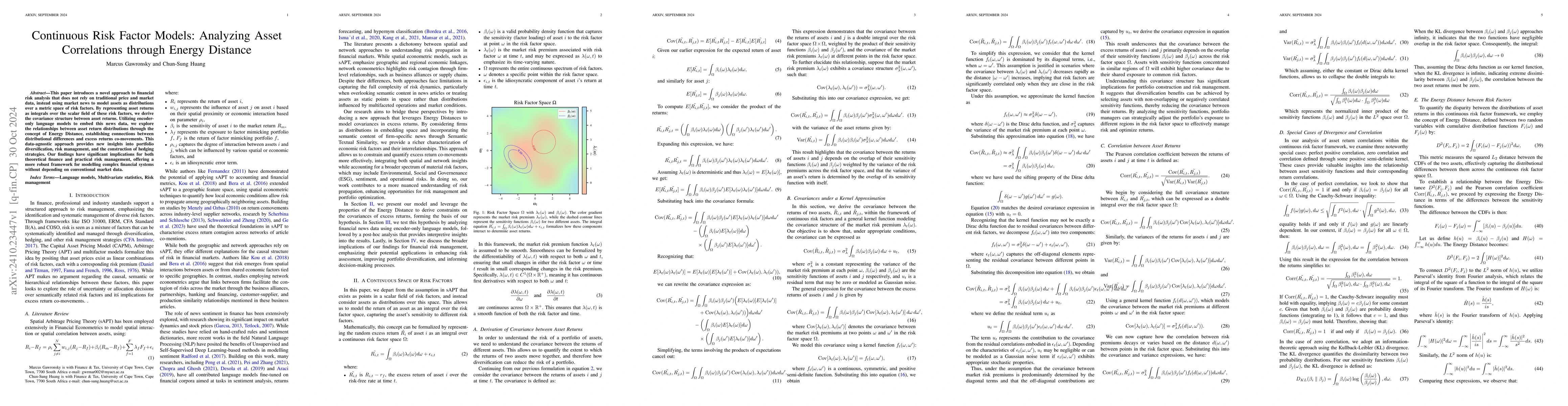 Thumbnail for Continuous Risk Factor Models: Analyzing Asset Correlations through
  Energy Distance