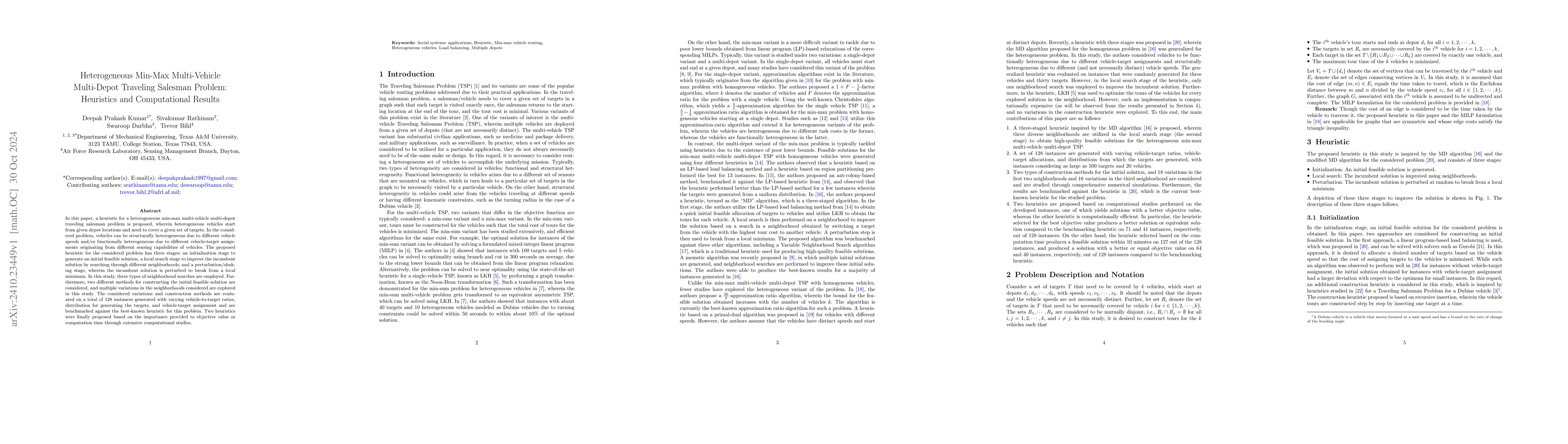 Thumbnail for Heterogeneous Min-Max Multi-Vehicle Multi-Depot Traveling Salesman
  Problem: Heuristics and Computational Results