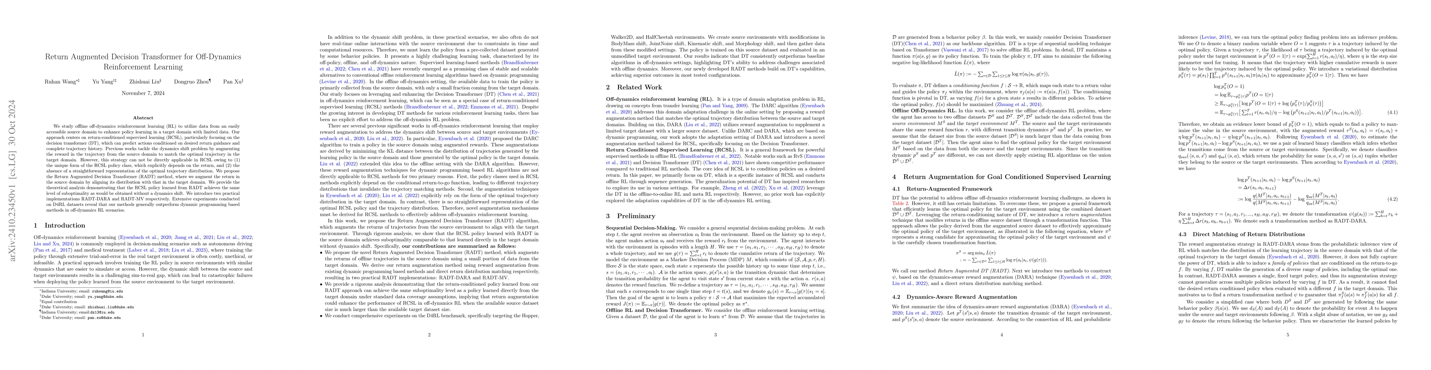 Thumbnail for Return Augmented Decision Transformer for Off-Dynamics Reinforcement
  Learning