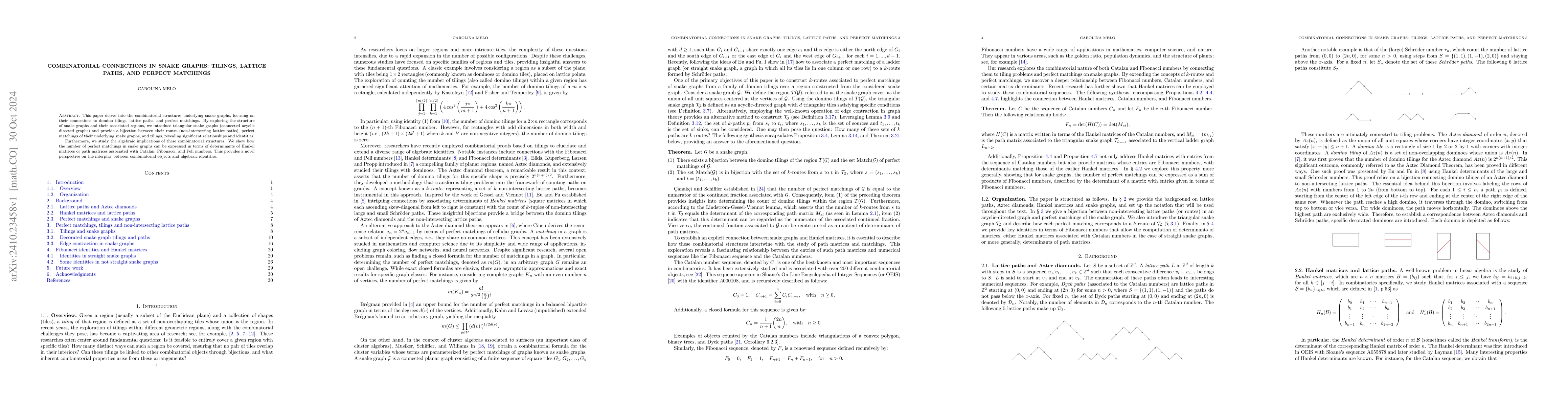 Thumbnail for Combinatorial connections in snake graphs: Tilings, lattice paths, and
  perfect matchings