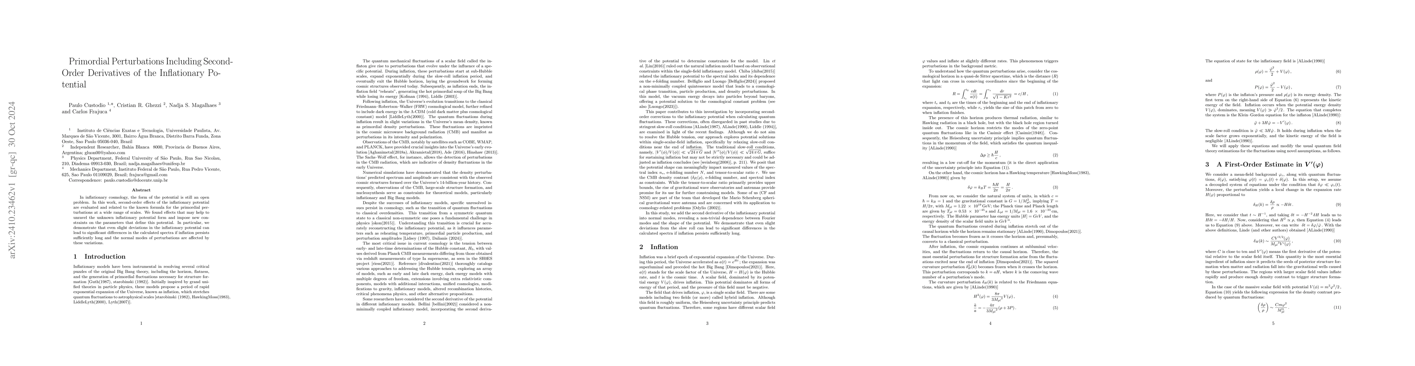 Thumbnail for Primordial Perturbations Including Second-Order Derivatives of the
  Inflationary Potential