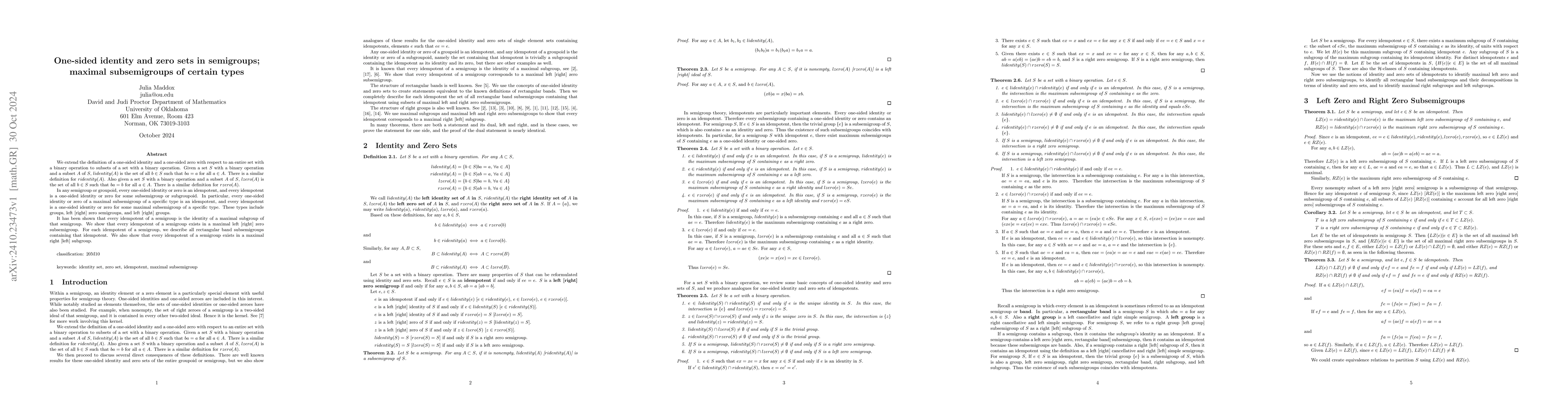 Thumbnail for One-sided identity and zero sets in semigroups; maximal subsemigroups of
  certain types