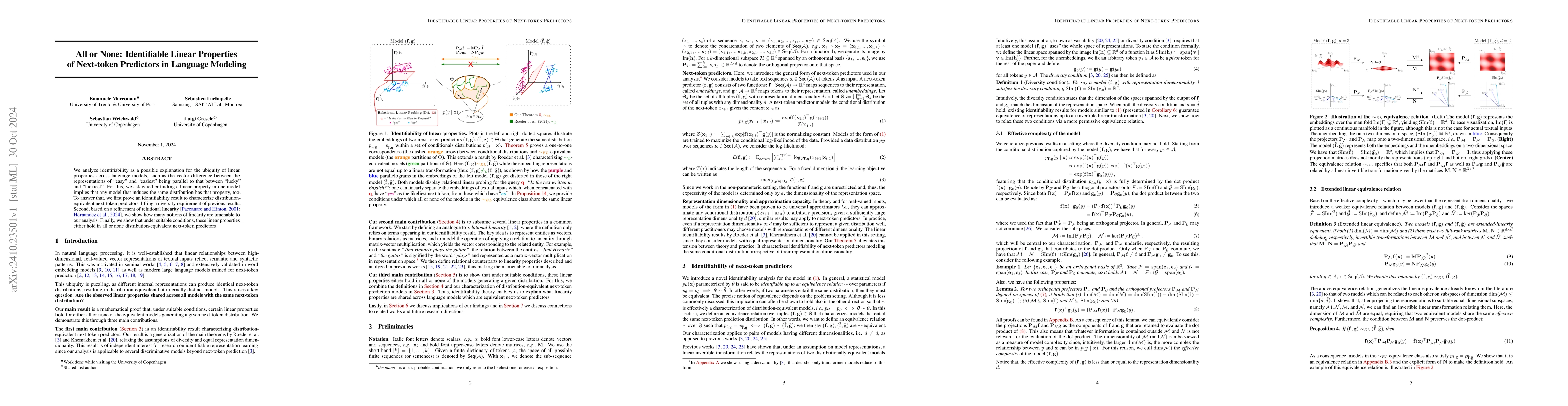 Thumbnail for All or None: Identifiable Linear Properties of Next-token Predictors in
  Language Modeling