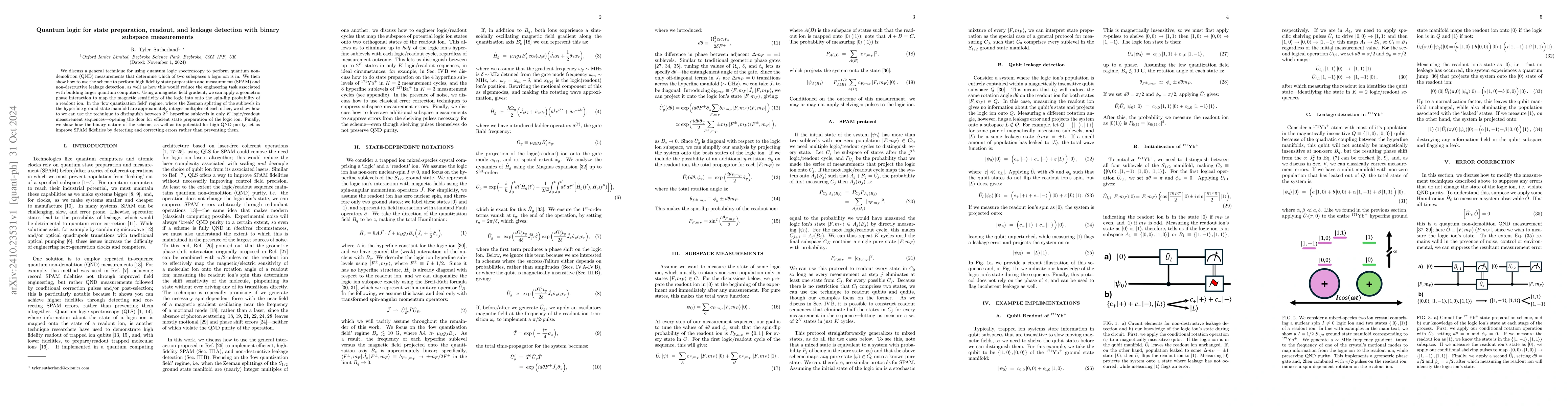 Thumbnail for Quantum logic for state preparation, readout, and leakage detection with
  binary subspace measurements