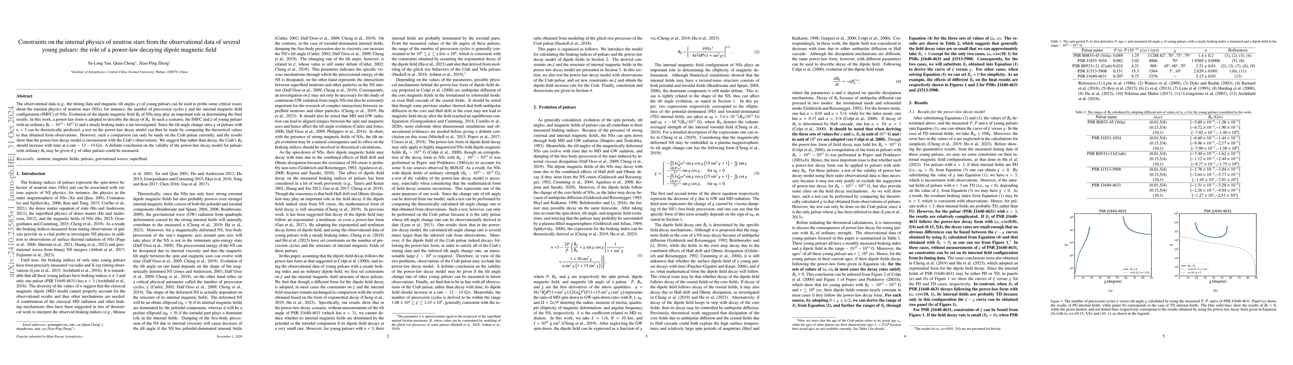 Thumbnail for Constraints on the internal physics of neutron stars from the
  observational data of several young pulsars: the role of a power-law decaying
  dipole magnetic field