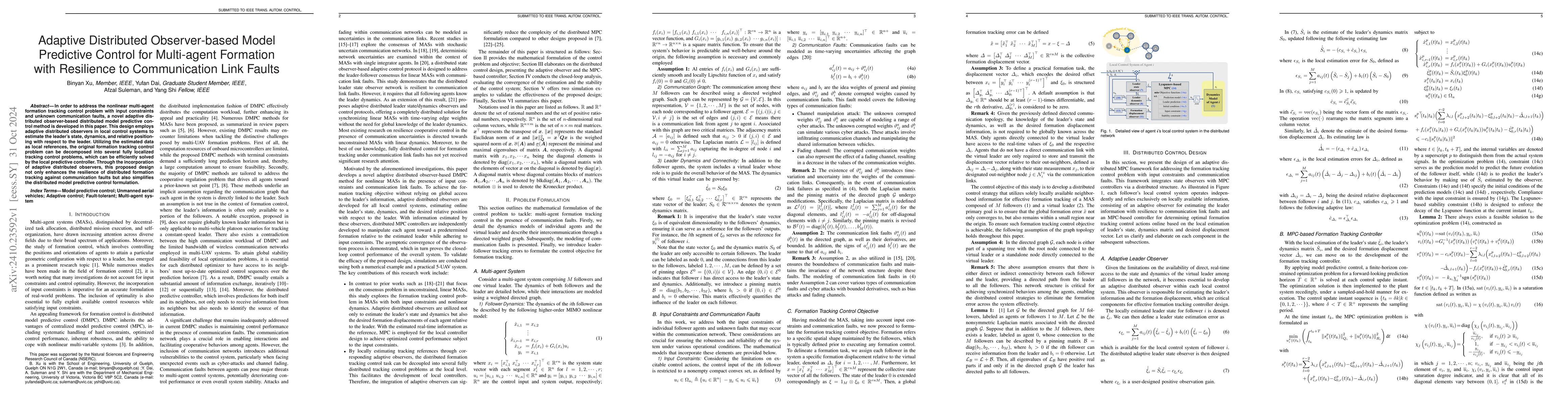 Thumbnail for Adaptive Distributed Observer-based Model Predictive Control for
  Multi-agent Formation with Resilience to Communication Link Faults