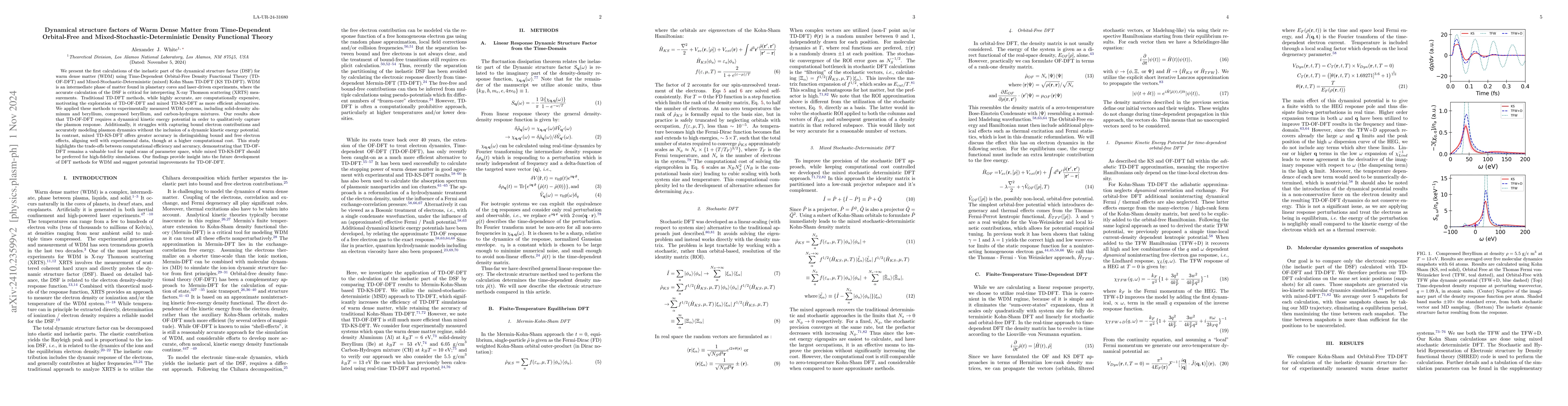 Thumbnail for Dynamical structure factors of Warm Dense Matter from Time-Dependent
  Orbital-Free and Mixed-Stochastic-Deterministic Density Functional Theory
