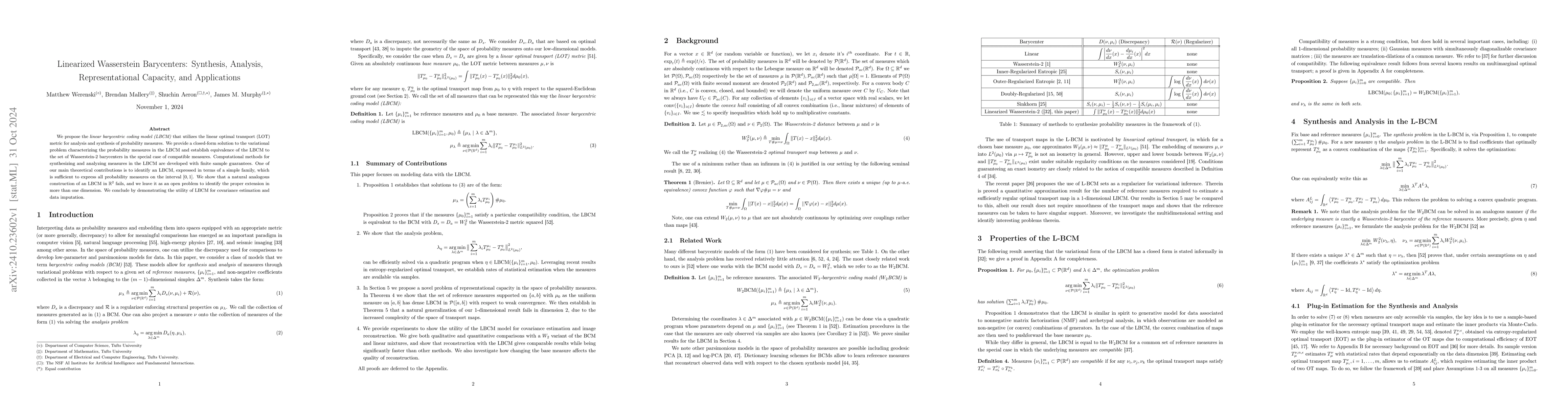 Thumbnail for Linearized Wasserstein Barycenters: Synthesis, Analysis,
  Representational Capacity, and Applications